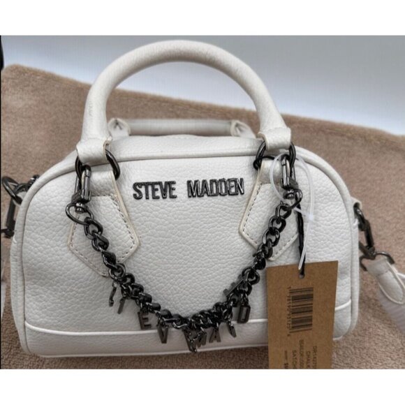 Steve Madden White Mini Barrel Satchel Bag With Chain Accent Adjustable Strap